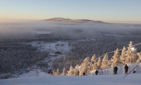 A view of the course with rare sunlight during an alpine ski, women's World Cup slalom, in Levi, Finland, Sunday, Nov. 20, 2022. (AP Photo/Alessandro Trovati)