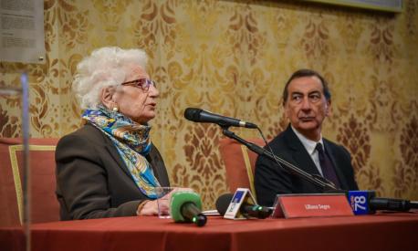 Liliana Segre e Beppe Sala alla conferenza stampa di presentazione della Giornata della Memoria a Palazzo Marino, 23 Gennaio 2023ANSA/MATTEO CORNER