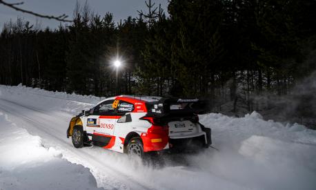 Kalle Rovanpera of Finland and his co-driver Jonne Halttunen of Finland steer their Toyota GR Yaris Rally 1 HYBRID during the shakedown of the Rally Sweden, second round of the FIA World Rally  Championship on February 9, 2023 in Hakmark, north of Umea, Sweden. (Photo by Jonathan NACKSTRAND / AFP)