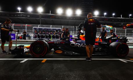 JEDDAH, SAUDI ARABIA - MARCH 18: Max Verstappen of the Netherlands driving the (1) Oracle Red Bull Racing RB19 stops in the Pitlane during qualifying ahead of the F1 Grand Prix of Saudi Arabia at Jeddah Corniche Circuit on March 18, 2023 in Jeddah, Saudi Arabia. (Photo by Mark Thompson/Getty Images)