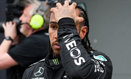Mercedes' British driver Lewis Hamilton reacts after taking third position after the qualifying session of the 2023 Formula One Australian Grand Prix at the Albert Park Circuit in Melbourne on April 1, 2023. (Photo by WILLIAM WEST / AFP) / -- IMAGE RESTRICTED TO EDITORIAL USE - STRICTLY NO COMMERCIAL USE --