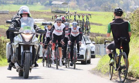 Slovenia's Tadej Pogacar and teammates of UAE Team Emirates ride during a training and track reconnaissance session, ahead of the Liege-Bastogne-Liege one day cycling race, in Remouchamps, Aywaille, on April 21, 2023. (Photo by BENOIT DOPPAGNE / Belga / AFP) / Belgium OUT
