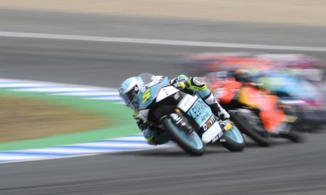Riders compete during the Moto3 race of the Spanish Grand Prix at the Jerez Circuit in Jerez de la Frontera on April 30, 2023. (Photo by JORGE GUERRERO / AFP)