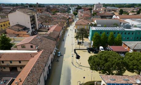 Flood shot with a drone in Lugo, near Ravenna, Italy, 18 May 2023. The Regional Councillor for Civil Protection Irene Priolo, announced that the municipalities involved in the flood emergency in the plain are now 42 and confirmed that the displaced are about ten thousand.  ANSA/EMANUELE VALERI