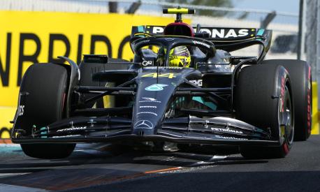 Mercedes driver Lewis Hamilton of Britain steers his car during qualifying for the Formula One Miami Grand Prix auto race, Saturday, May 6, 2023, at the Miami International Autodrome in Miami Gardens, Fla. (AP Photo/Lynne Sladky)