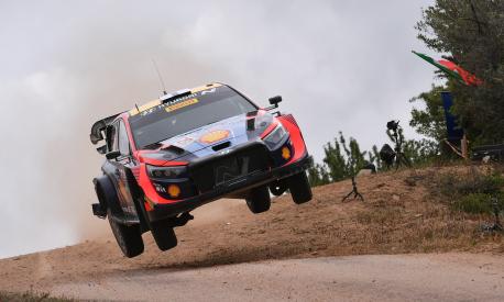 OLBIA, ITALY - JUNE 01: Esapekka Lappi of Finland and Janne Ferm of Finland compete with their Hyundai Shell Mobis WRT Hyundai i20 N Rally1 Hybrid during Day One of the FIA World Rally Championship Sardegna on June 01, 2023 in Olbia, Italy. (Photo by Massimo Bettiol/Getty Images)