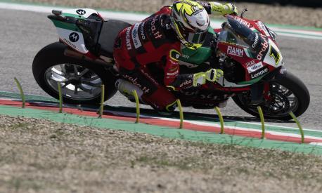 IMOLA, ITALY - JULY 15: Alvaro Bautista of Spain and Aruba.it Racing - Ducati rounds the bend during the SuperBike race 1 during the 2023 MOTUL FIM Superbike World Championship - Prometeon Italian Round: Day Two on July 15, 2023 in Imola, Italy. (Photo by Mirco Lazzari gp/Getty Images)