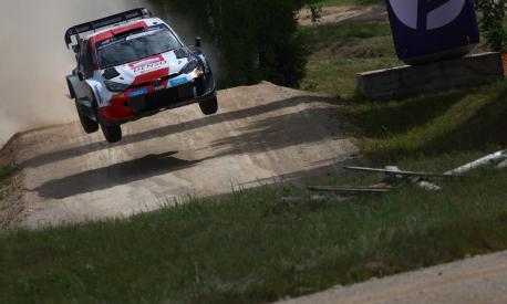TALLINN, ESTONIA - JULY 22:  Kalle Rovanpera of Finland and Jonne Halttunen of Finland compete with their Toyota Gazoo Racing WRT Toyota GR Yaris Rally1 #69 during Day Three of the FIA World Rally Championship Estonia on July 22, 2023 in Tallinn, Estonia. (Photo by Massimo Bettiol/Getty Images)
