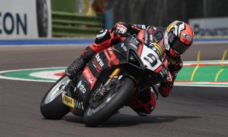 IMOLA, ITALY - JULY 14: Danilo Petrucci of Italy and Bari Spark Racing Team rounds the bend during the 2023 MOTUL FIM Superbike World Championship -  Prometeon Italian Round: Day One on July 14, 2023 in Imola, Italy. (Photo by Mirco Lazzari gp/Getty Images)