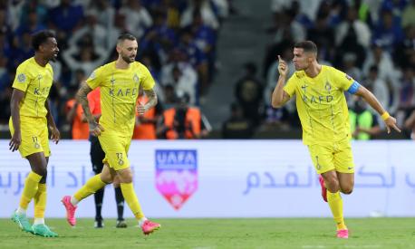 RIYADH, SAUDI ARABIA - AUGUST 12: Cristiano Ronaldo of Al Nassr celebrates after scoring the team's first goal during the Arab Club Champions Cup Final between Al Hilal and Al Nassr at King Fahd International Stadium on August 12, 2023 in Riyadh, Saudi Arabia. (Photo by Yasser Bakhsh/Getty Images)