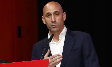 The president of the Spanish soccer federation Luis Rubiales speaks during an emergency general assembly meeting in Las Rozas, Friday Aug. 25, 2023. Rubiales has refused to resign despite an uproar for kissing a player, Jennifer Hermoso on the lips without her consent after the Women's World Cup final. Rubiales had also grabbed his crotch in a lewd victory gesture from the section of dignitaries with Spain's Queen Letizia and the 16-year old Princess Sofía nearby. (Real Federación Española de Fútbol/Europa Press via AP)