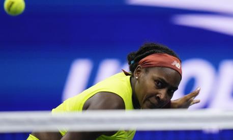 Coco Gauff, of the United States, returns a shot to Elise Mertens, of Belgium, during the third round of the U.S. Open tennis championships, Friday, Sept. 1, 2023, in New York. (AP Photo/Frank Franklin II)