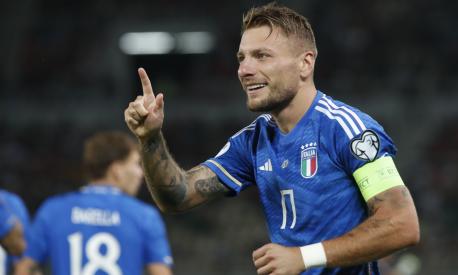 Italy's Ciro Immobile celebrates after he scored his side's first goal during the Euro 2024 group C qualifying soccer match between North Macedonia and Italy at National Arena Todor Proeski in Skopje, North Macedonia, Saturday, Sept. 9, 2023. (AP Photo/Boris Grdanoski)