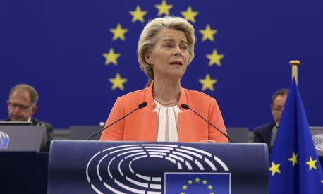 epa10858057 European Commission President Ursula von der Leyen during the debate on the â??state of the European Unionâ?? at the European Parliament in Strasbourg, France, 13 September 2023. The session runs from 11 till 14 September.  EPA/JULIEN WARNAND