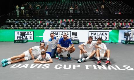 Italy's team celebrates after winning 2-1 against Sweden during their 2023 Davis Cup Finals Group A tennis match, Bologna, Italy, 17 September 2023.  ANSA/STRINGER