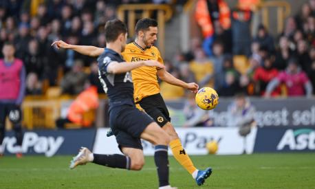 WOLVERHAMPTON, ENGLAND - NOVEMBER 11: Pablo Sarabia of Wolverhampton Wanderers scores the team's first goal during the Premier League match between Wolverhampton Wanderers and Tottenham Hotspur at Molineux on November 11, 2023 in Wolverhampton, England. (Photo by Shaun Botterill/Getty Images)