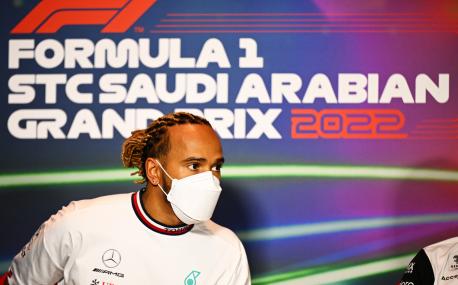 JEDDAH, SAUDI ARABIA - MARCH 25: Lewis Hamilton of Great Britain and Mercedes looks on in the Drivers Press Conference before practice ahead of the F1 Grand Prix of Saudi Arabia at the Jeddah Corniche Circuit on March 25, 2022 in Jeddah, Saudi Arabia. (Photo by Clive Mason/Getty Images)