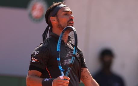 Italy's Fabio Fognini looks on as he plays against Austria's Sebastian Ofner during their men's singles match on day six of the Roland-Garros Open tennis tournament in Paris on June 2, 2023. (Photo by Thomas SAMSON / AFP)