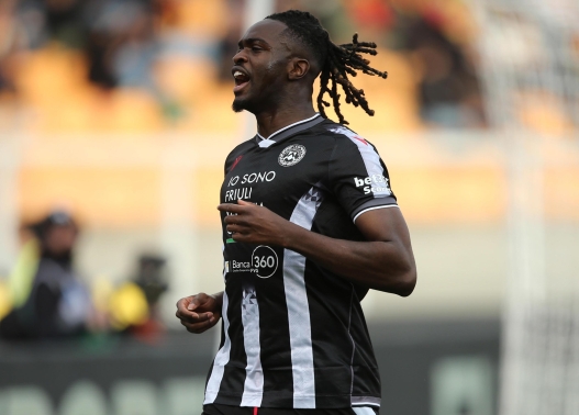 Udinese Calcio's Oumar Solet jubilates after scoring the penalty goal during the Italian Serie A soccer match US Lecce - Udinese Calcio at the Via del Mare stadium in Lecce, Italy, 8 February 2026. ANSA/ABBONDANZA SCURO LEZZI