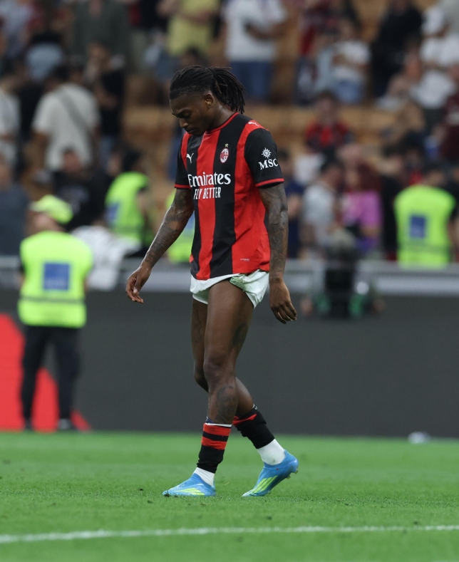 MILAN, ITALY - MAY 24: Rafael Leao of AC Milan reacts at the end of the Serie A match between AC Milan and Cagliari Calcio at Giuseppe Meazza Stadium on May 24, 2026 in Milan, Italy. (Photo by Claudio Villa/AC Milan via Getty Images)