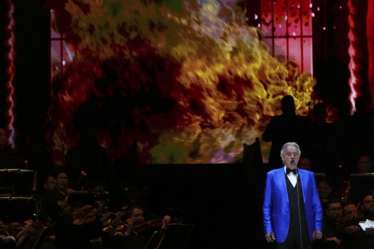 Italian singer Andrea Bocelli performs during a concert at Zocalo square in Mexico City, Saturday, April 18, 2026. (AP Photo/Fernando Llano)