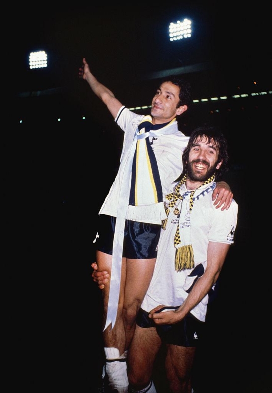   Spurs two goal hero Ricardo Villa gives team mate and fellow Argentinian Osvaldo Ardiles a lift after the 1981 FA Cup Final replay between Tottenham Hotspur and Manchester City at Wembley Stadium on May 14, 1981 in London, England, Villa, who had been substituted in the first game, scored twice in the replay including the winner in a 3-2 victory for Spurs. (Photo by Duncan Raban/Allsport/Getty Images)