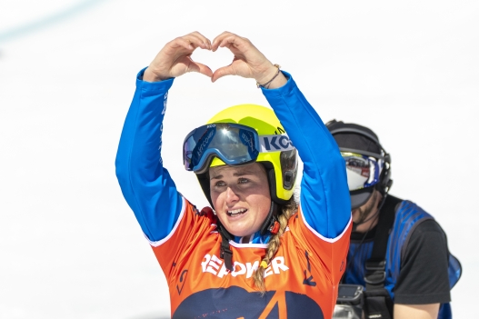ENGADIN, SWITZERLAND - MARCH 28 Michela Moioli of Team Italy wins the gold medal during the FIS Snowboard, Freestyle and Freeski World Championships Day 12 on March 28, 2025 in Engadin, Switzerland. (Photo by Millo Moravski/Agence Zoom/Getty Images)