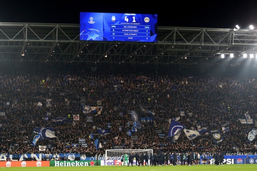 BERGAMO, ITALY - FEBRUARY 25: A general view of fans of Atalanta celebrating victory following the UEFA Champions League 2025/26 League Knockout Play-off Second Leg match between Atalanta BC and Borussia Dortmund at Stadio di Bergamo on February 25, 2026 in Bergamo, Italy. (Photo by Marco Luzzani/Getty Images)