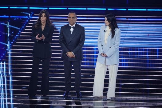 Carlo Conti, Laura Pausini and Giorgia Cardinaletti during the 76th edition of the Sanremo Italian Song Festival at the Ariston Theatre in Sanremo, northern Italy - Thursday, February 28 , 2026. Entertainment. (Photo by Marco Alpozzi/LaPresse)
