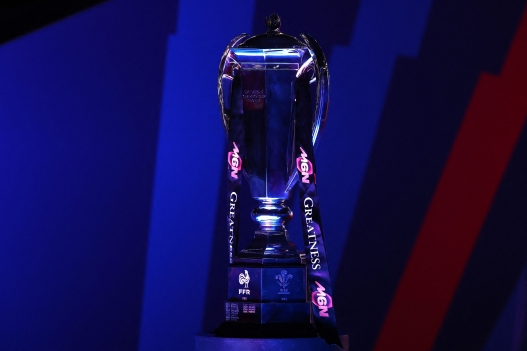 This photograph shows the Six Nations Championship Trophy displayed ahead of the Six Nations international rugby union match between France and Italy at the Stade Pierre-Mauroy in Villeneuve-d'Ascq, northern France, on February 22, 2026. (Photo by Sameer AL-DOUMY / AFP)