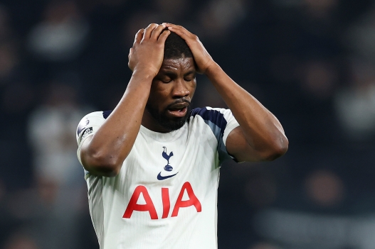 LONDON, ENGLAND - MARCH 05: Kevin Danso of Tottenham Hotspur looks dejected after the team's defeat in the Premier League match between Tottenham Hotspur and Crystal Palace at Tottenham Hotspur Stadium on March 05, 2026 in London, England. (Photo by Justin Setterfield/Getty Images)