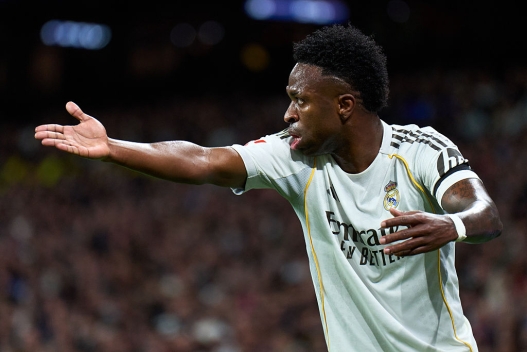  Vinicius Junior of Real Madrid reacts during the LaLiga EA Sports match between Real Madrid CF and Getafe CF at Estadio Santiago Bernabeu on March 02, 2026 in Madrid, Spain. (Photo by Angel Martinez/Getty Images)