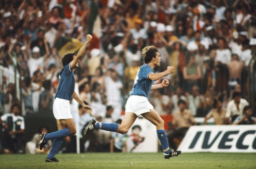   Italy player Marco Tardelli (r) celebrates after scoring the second goal in their 3-1 victory over West  Germany in the 1982 FIFA World Cup Final at 
Santiago Bernabéu  on July 11, 1982 in Madrid, Spain.(Photo by Duncan Raban/Allsport/Getty Images) *** Local Caption *** Marco Tardelli
