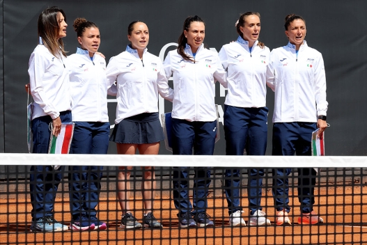  Players of Italy line-up during the opening ceremony of the 2026 Billie Jean King Cup by Gainbridge Qualifier between Italy and Japan at ASD Colle degli Dei on April 10, 2026 in Rome, Italy. (Photo by Giampiero Sposito/Getty Images for Billie Jean King Cup)