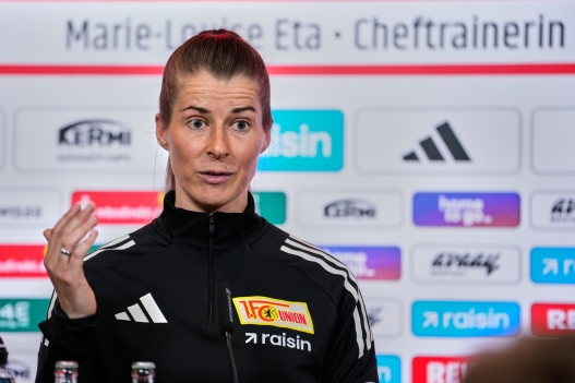 New head coach of German Bundesliga soccer club 1. FC Union Berlin Marie-Louise Eta attends a press conference in Berlin, Germany, Thursday, April 16, 2026. (AP Photo/Ebrahim Noroozi)