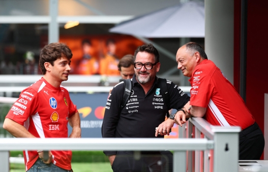  Charles Leclerc of Monaco and Scuderia Ferrari talks with Gwen Lagrue, Driver Program Advisor of Mercedes AMG Petronas F1 Team and Frederic Vasseur, Team Principal of Scuderia Ferrari in the Paddock during previews ahead of the F1 Grand Prix of Miami at Miami International Autodrome on April 30, 2026 in Miami, Florida.   Clive Mason/Getty Images/AFP (Photo by CLIVE MASON / GETTY IMAGES NORTH AMERICA / Getty Images via AFP)