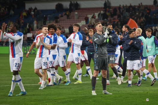Crystal Palace players celebrate their victory at the Conference League semi-final, first leg soccer match between Shakhtar and Crystal Palace in Krakow, Poland, Thursday, April 30, 2026. (AP Photo/Beata Zawrzel)