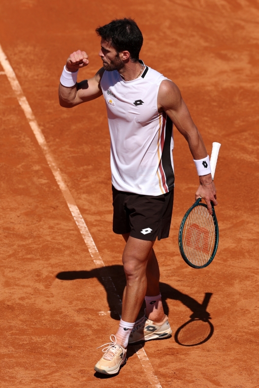 ROME, ITALY - MAY 11: Andrea Pellegrino of Italy celebrates winning match point against Frances Tiafoe of United States in their Round of 32 match on day Seven of the Internazionali BNL D'Italia 2026 at Foro Italico on May 11, 2026 in Rome, Italy. (Photo by Clive Brunskill/Getty Images)