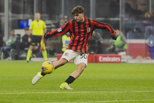 Mattia Liberali plays during the Serie A match between AC Milan and Genoa at Giuseppe Meazza Stadium in Milano, Italy, on December 15, 2024. (Photo by Mairo Cinquetti/NurPhoto) (Photo by Mairo Cinquetti / NurPhoto via AFP)