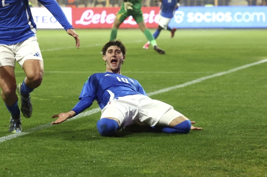  Mattia Liberali of Italy U19 celebrates  after scoring his team's second goal (2-1) during the Elite Round match between Italy U19 and Spain U19 at Stadio Nicola Ceravolo on March 22, 2025 in Catanzaro, Italy.  (Photo by FIGC/FIGC via Getty Images)