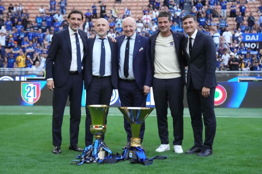 Inter Milan’s head coach Cristian Chivu , Javier Zanetti , Giuseppe Marotta , Piero Aulisio celebrate winning the scudetto  during the Serie A soccer match between Inter and Hellas Verona at the San Siro  Stadium in Milan , north Italy - Sunday , May 17 , 2026. Sport - Soccer . (Photo by Spada/LaPresse)
