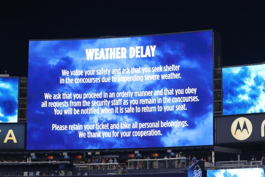 NEW YORK, NY - AUGUST 11: A weather delay due to lightning and thunderstorms in the vicinity is announced in the quarterfinals match of the Leagues Cup 2021 between Pumas and NYCFC of Yankee Stadium on August 11, 2021 in New York City.   Rich Schultz/Getty Images/AFP (Photo by Rich Schultz / GETTY IMAGES NORTH AMERICA / Getty Images via AFP)