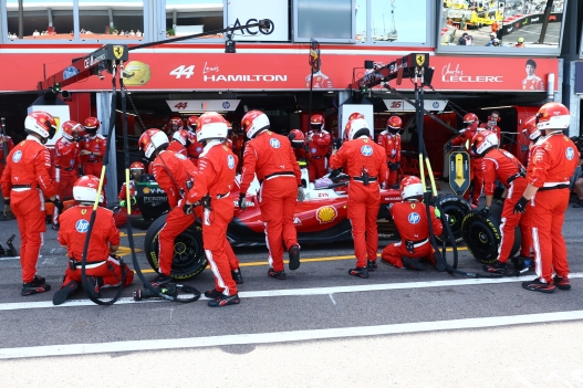 Ferrari driver Lewis Hamilton, of Britain, gets a pit service during the Formula One Monaco Grand Prix race at the Monaco racetrack, Sunday, June 7, 2026. (Yves Herman, Pool Photo via AP)