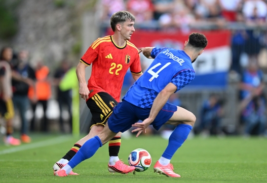  Alexis Saelemaekers of Belgium is challenged by Josko Gvardiol of Croatia during the international friendly match between Croatia and Belgium at Stadion HNK Rijeka on June 02, 2026 in Rijeka, Croatia. (Photo by Jurij Kodrun/Getty Images)