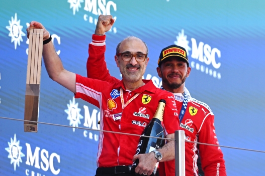  Race winner Lewis Hamilton of Great Britain and Scuderia Ferrari and Carlos Santi, Race Engineer of Scuderia Ferrari celebrate on the podium during the F1 Grand Prix of Barcelona-Catalunya at Circuit de Barcelona-Catalunya on June 14, 2026 in Barcelona, Spain. (Photo by Rudy Carezzevoli/Getty Images)