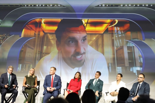 Zlatan Ibrahimovic participates in a video conference with the Fox Sports commentary team, including Rebecca Lowe (left), Alexi Lalas (second from left), Carli Lloyd (center), Stu Holden (right), and Javier "Chicharito" Hernandez (second from right), in Manhattan, New York, on May 21, 2026. The 2026 World Cup, scheduled from June 11 to July 19 in the United States, Mexico, and Canada, will feature a mix of American and British commentators and analysts. (Photo by Deccio Serrano/NurPhoto) (Photo by DECCIO SERRANO / NurPhoto via AFP)
