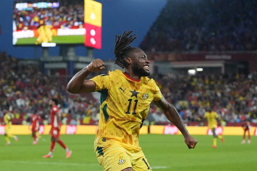 Ghana's Antoine Semenyo celebrates the opening goal by his teammate Caleb Yirenkyi during the World Cup Group L soccer match between Ghana and Panama in Toronto, Wednesday, June 17, 2026. (AP Photo/Stephanie Scarbrough)