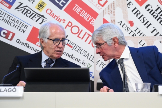 Il presidente del Coni e della Fondazione di Milano-Cortina, Giovanni MalagÃ², e il ministro per lo sport e per i giovani, Andrea Abodi durante la conferenza alla Stampa Estera a Roma per presentare i Giochi invernali del 2026. Roma 18 febbraio 2025. ANSA/ALESSANDRO DI MEO
