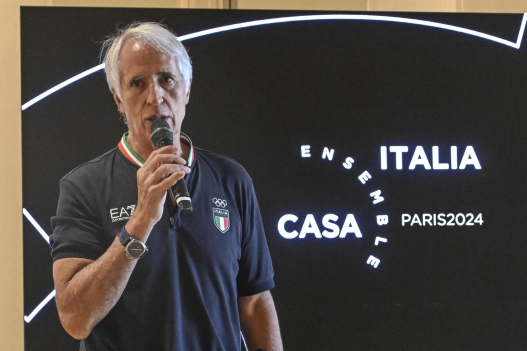 Il presidente del Coni, Giovanni MalagÃ², a Casa Italia, nella conferenza stampa di bilancio delle Olimpiadi di Parigi 2024, 11 agosto 2024.  ANSA / CIRO FUSCO