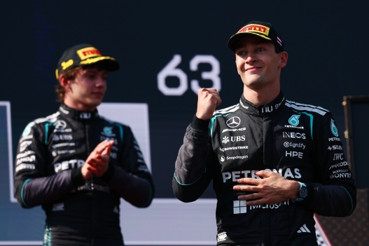  Race winner George Russell of Great Britain and Mercedes AMG Petronas F1 Team celebrates on the podium during the F1 Grand Prix of Austria at Red Bull Ring on June 28, 2026 in Spielberg, Austria. (Photo by Clive Rose/Getty Images)